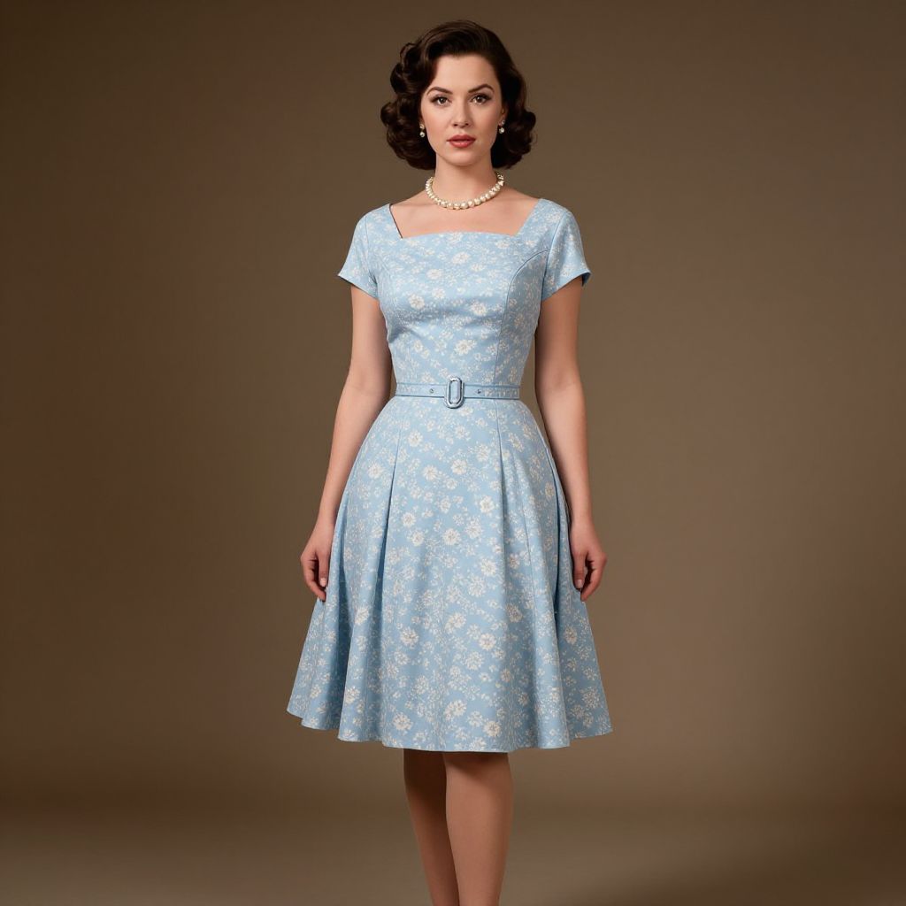 Vintage 1950s Style Light Blue Floral Dress with Belt