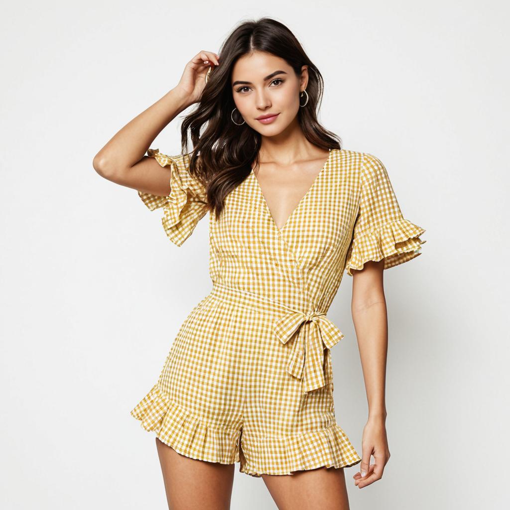 Woman in Casual Chic Yellow and White Gingham Romper with Short Flounce Sleeves