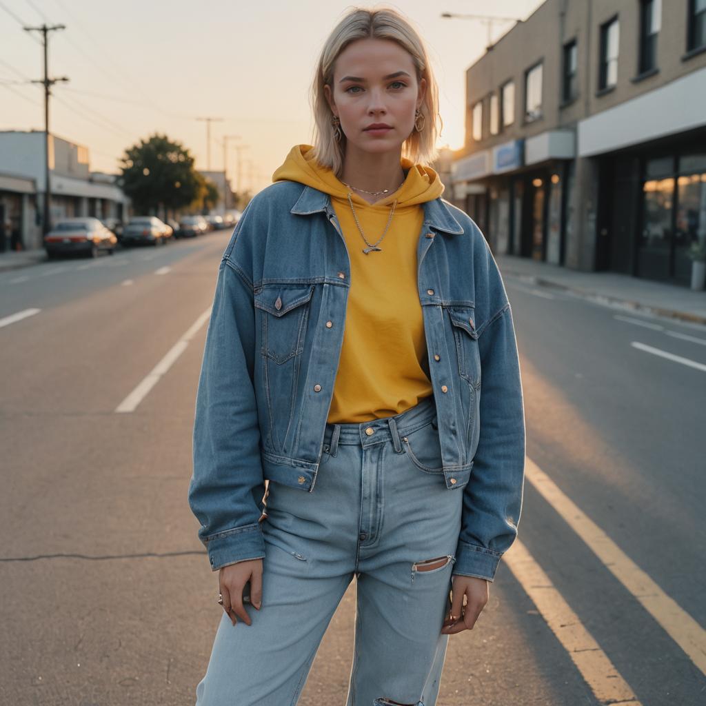 Young Woman in Yellow Hoodie and Denim Jacket on Urban Street at Sunset