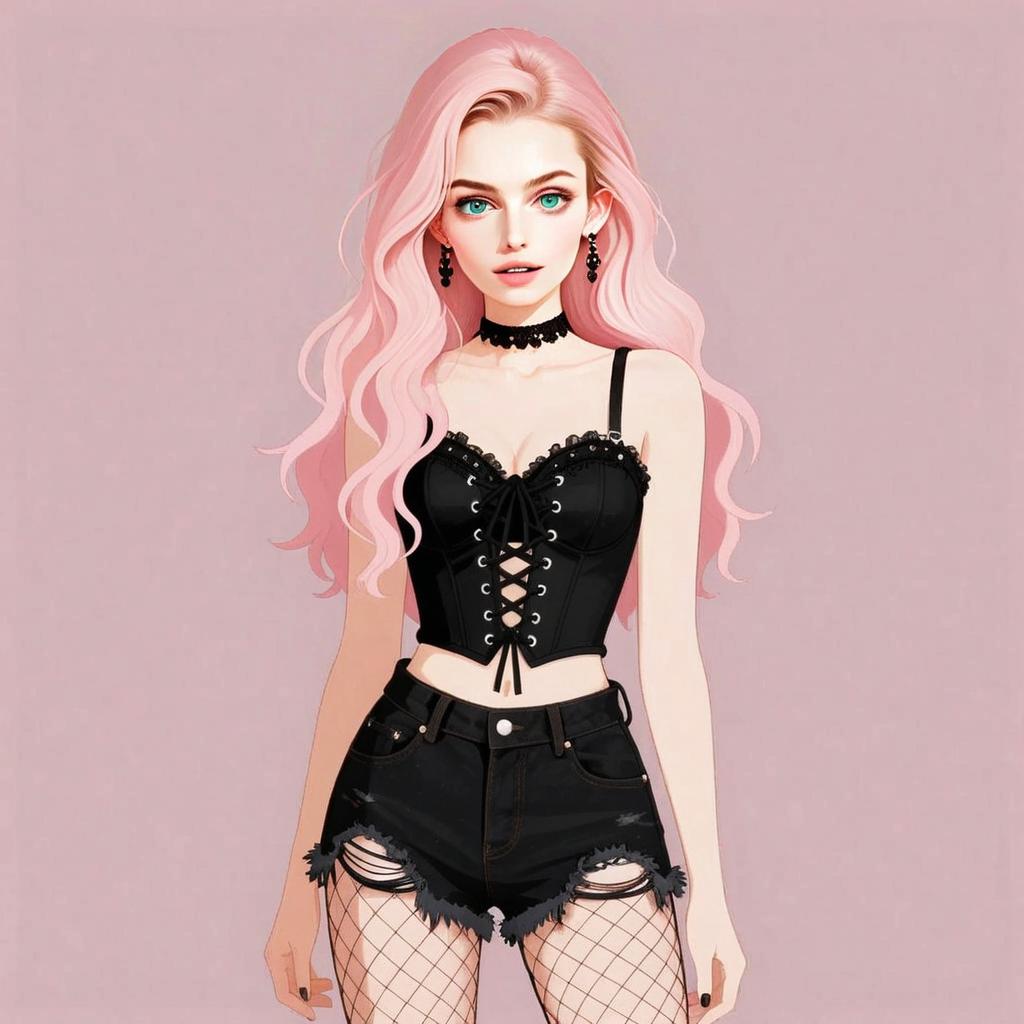 Stylish Woman with Pink Hair in Edgy Black Fashion Digital Art