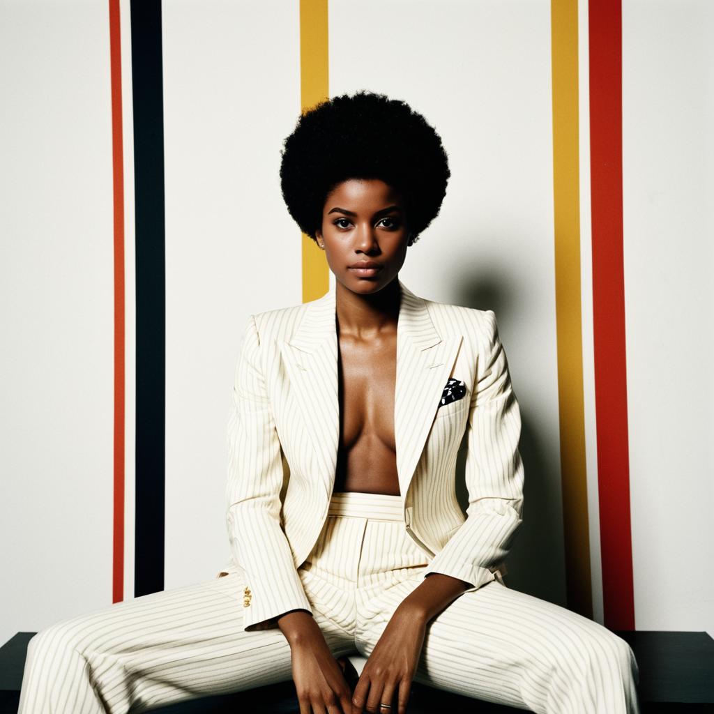 Confident Woman in Cream Pinstripe Suit with Afro Hairstyle