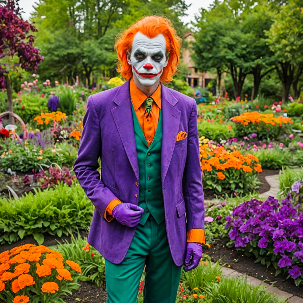 Portrait of Man in Joker Costume Standing in Colorful Garden