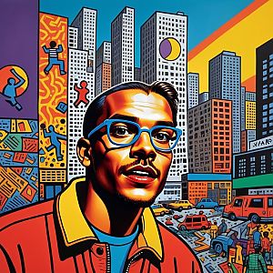 Stylized Man in Glasses and Red Jacket in Cityscape