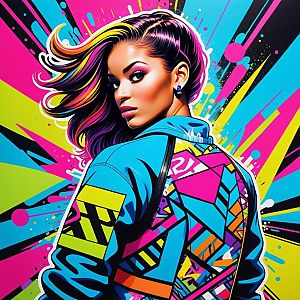 Vibrant Woman with Colorful Hair in Geometric Background