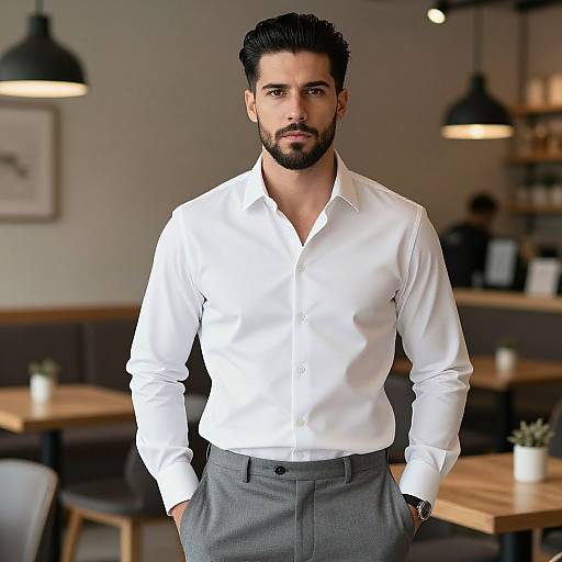 Confident Man in White Shirt and Gray Trousers in Modern Cafe