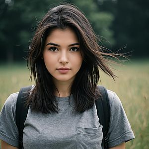 Realistic Portrait of Young Woman Outdoors with Backpack