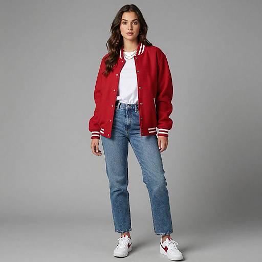 Trendy Gen Z Woman in Red Varsity Jacket and Casual Jeans