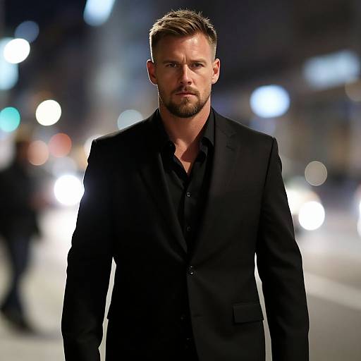 Confident Man in Black Suit Standing in Urban Night Scene
