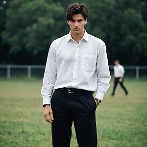 Young Man in White Shirt and Black Pants Standing Outdoors