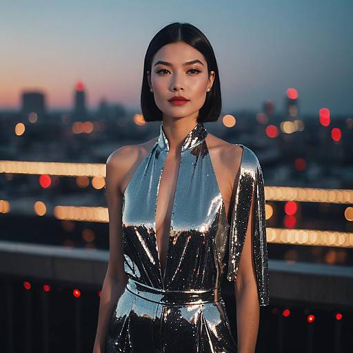Elegant Woman in Metallic Silver Dress on Rooftop at Dusk