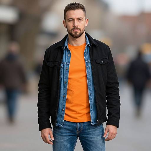 Confident Young Man in Orange T-Shirt and Denim Jacket Outdoors