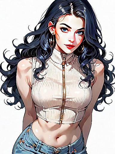 Realistic Comic Style Portrait of Woman in Urban Fashion with Long Dark Hair