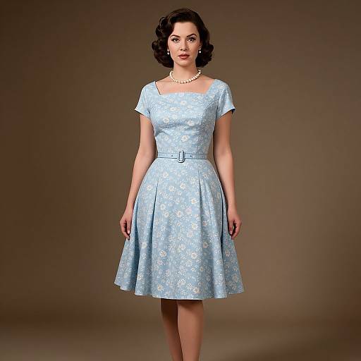 Vintage 1950s Style Light Blue Floral Dress with Belt