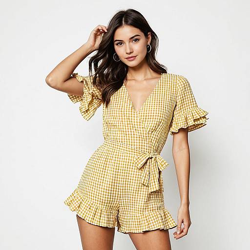 Woman in Casual Chic Yellow and White Gingham Romper with Short Flounce Sleeves