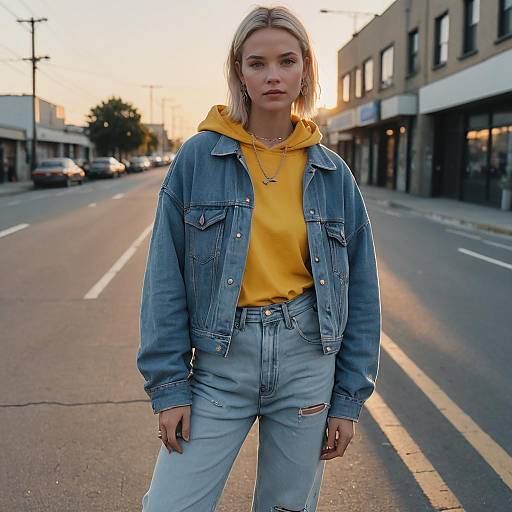 Young Woman in Yellow Hoodie and Denim Jacket on Urban Street at Sunset