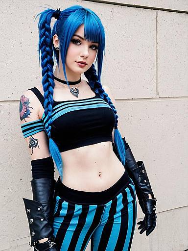 Arcane Jinx Cosplay with Blue Braided Hair and Striped Outfit