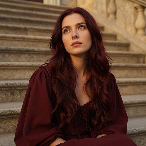 Contemplative Young Woman in Burgundy Dress Sitting on Stone Steps