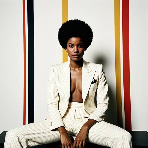 Confident Woman in Cream Pinstripe Suit with Afro Hairstyle