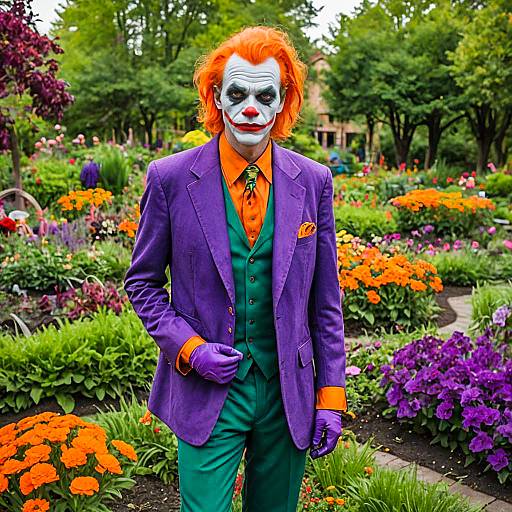 Portrait of Man in Joker Costume Standing in Colorful Garden
