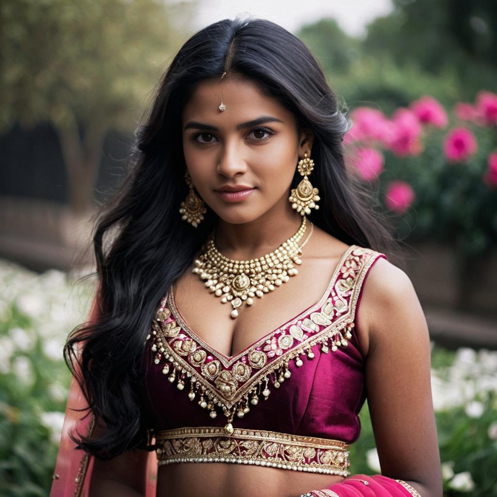 Elegant Woman in Maroon Lehenga with Golden Jewelry Elegant Woman in Maroon Lehenga with Golden Jewelry