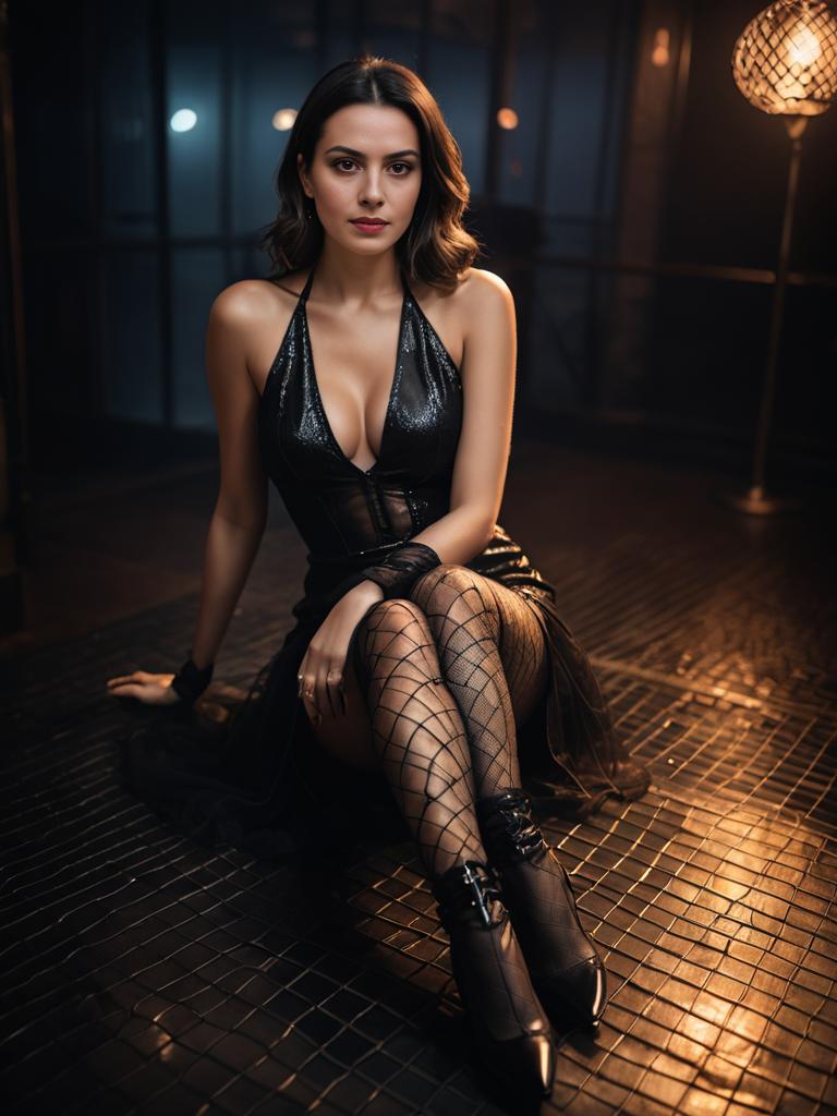 Seductive Woman in Black Outfit and Fishnet Stockings