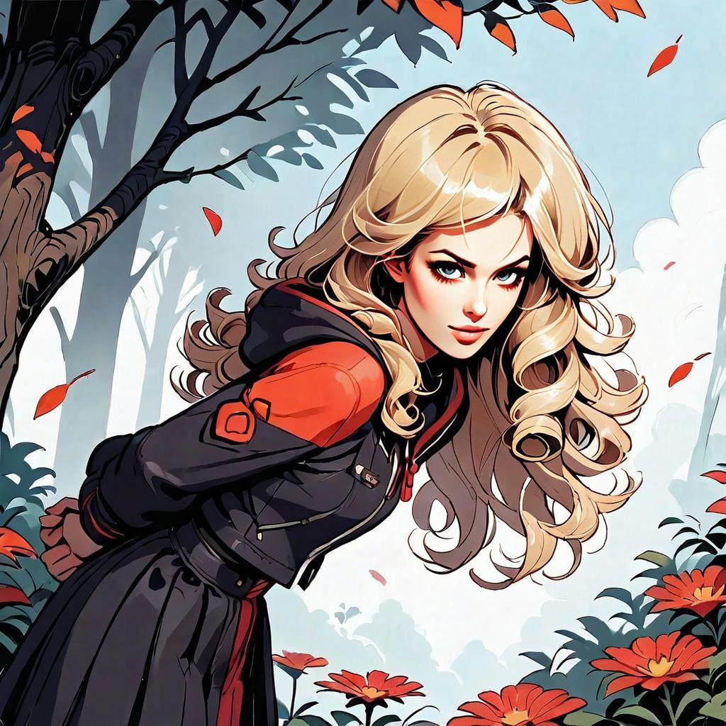 Stylized Digital Art of Blonde Woman in Autumn Forest