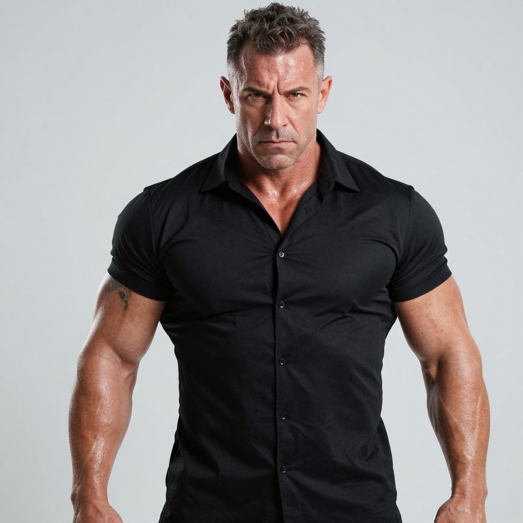 Strong Muscular Man in Black Shirt Studio Portrait