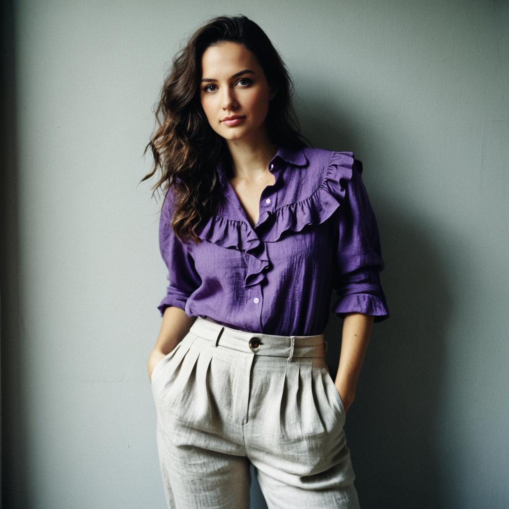 Stylish Woman in Purple Ruffled Blouse and Beige Pants Against Neutral Background