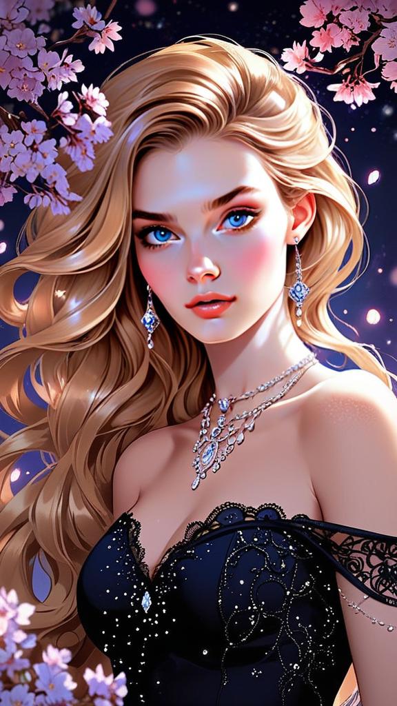 Glamorous Woman in Black Gown with Blossoms and Stars Glamorous Woman in Black Gown with Blossoms and Stars