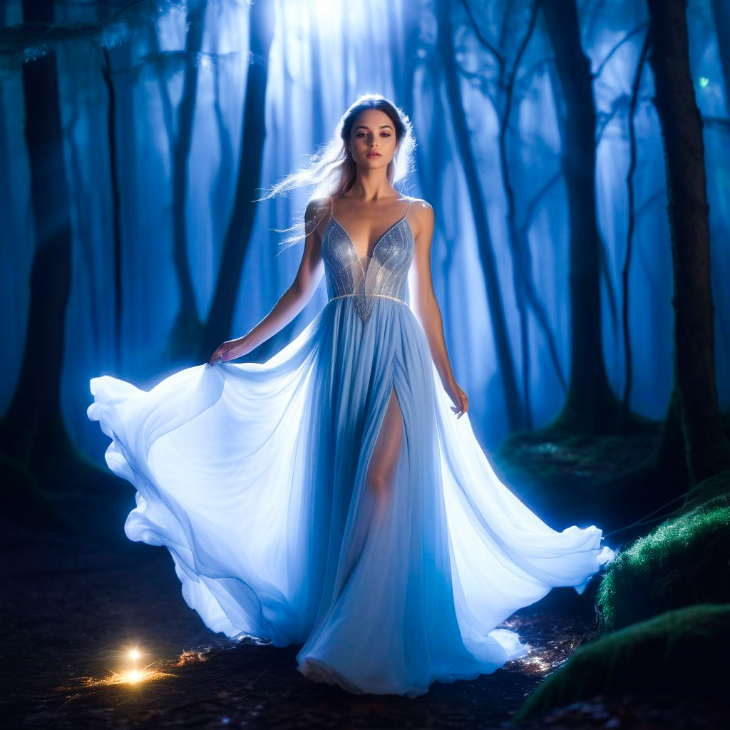 Woman in Flowing Blue Gown in Mystical Forest