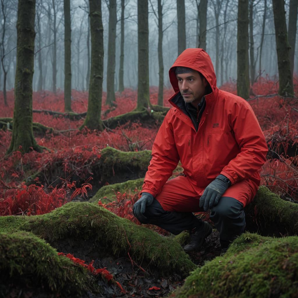 Man in Red Jacket Crouched in Misty Forest