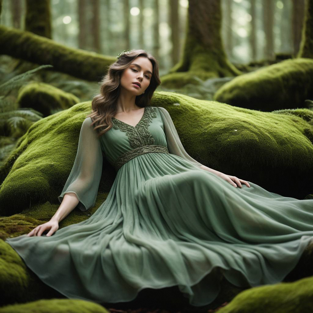 Woman in Green Gown in Enchanted Forest