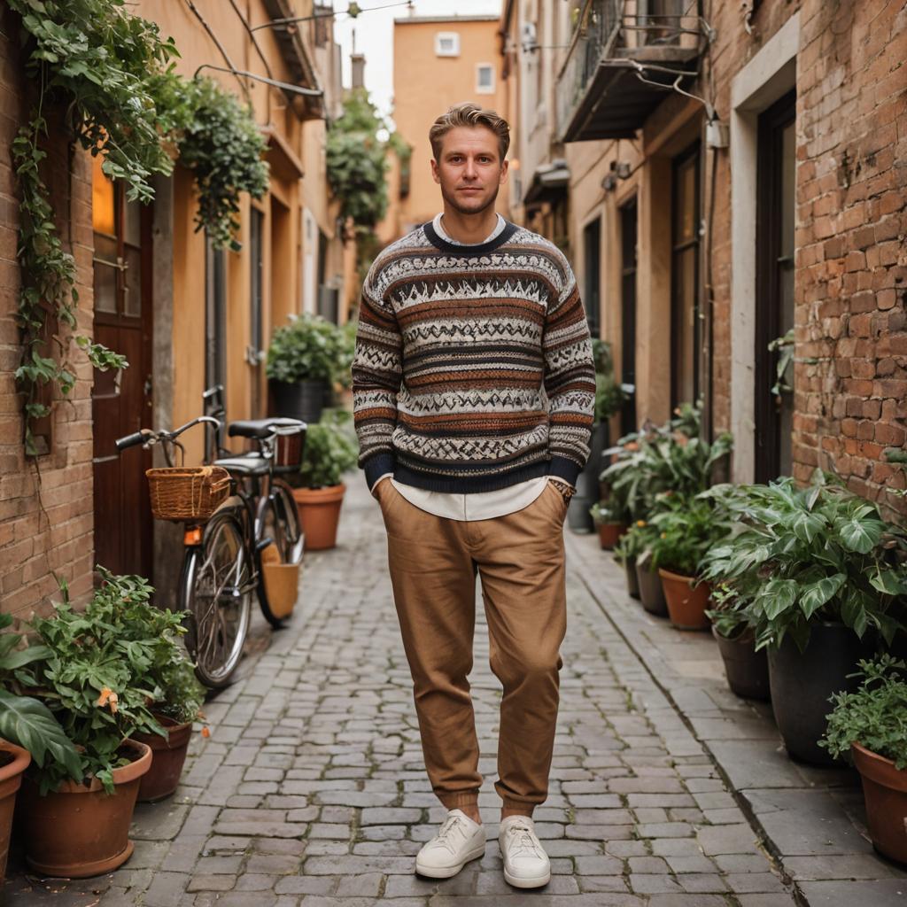 Confident Man in Patterned Sweater in Charming Alleyway