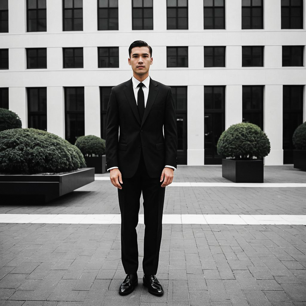 Stylish Man in Black Suit in Urban Setting