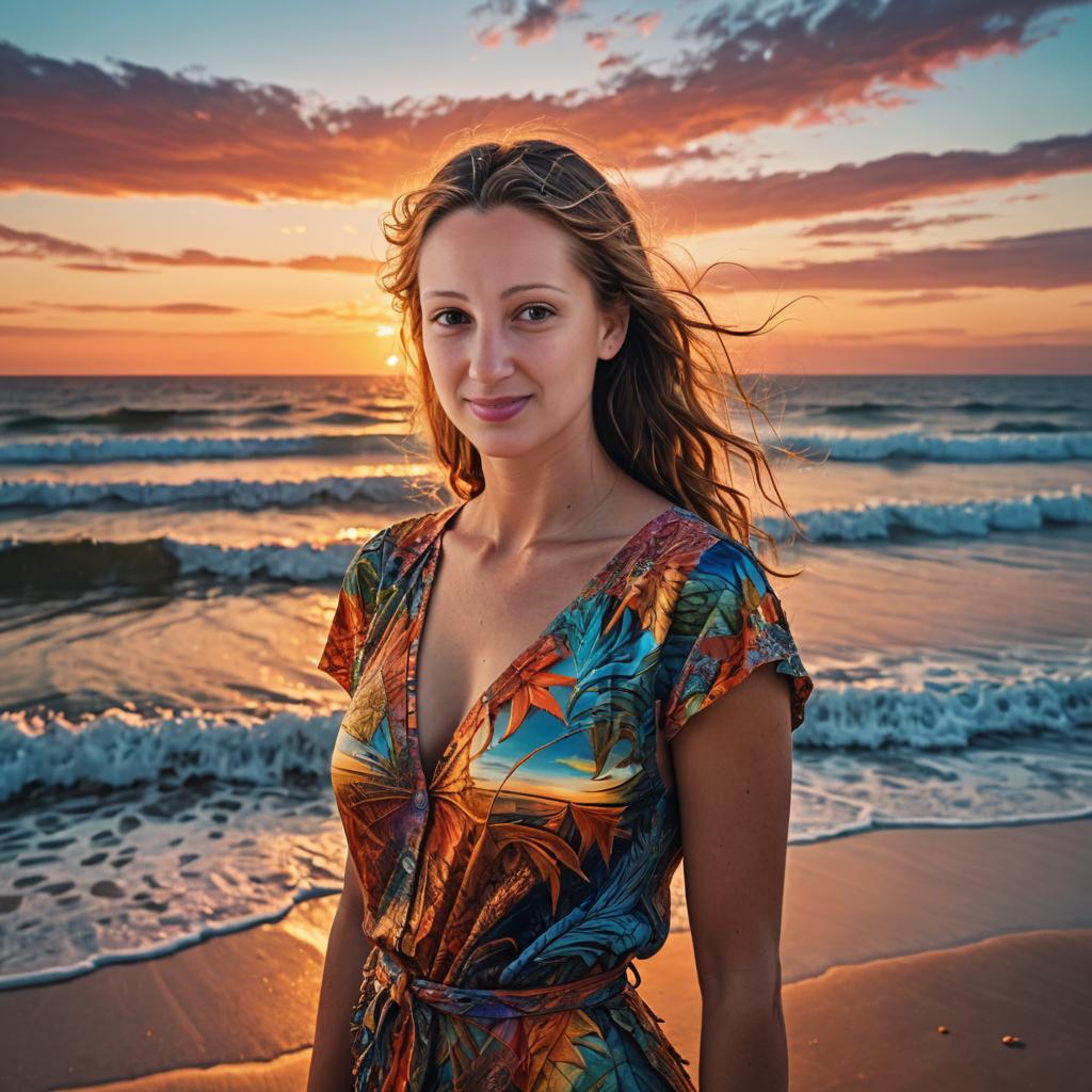 Woman on Beach at Sunset in Artistic Pixellated Style