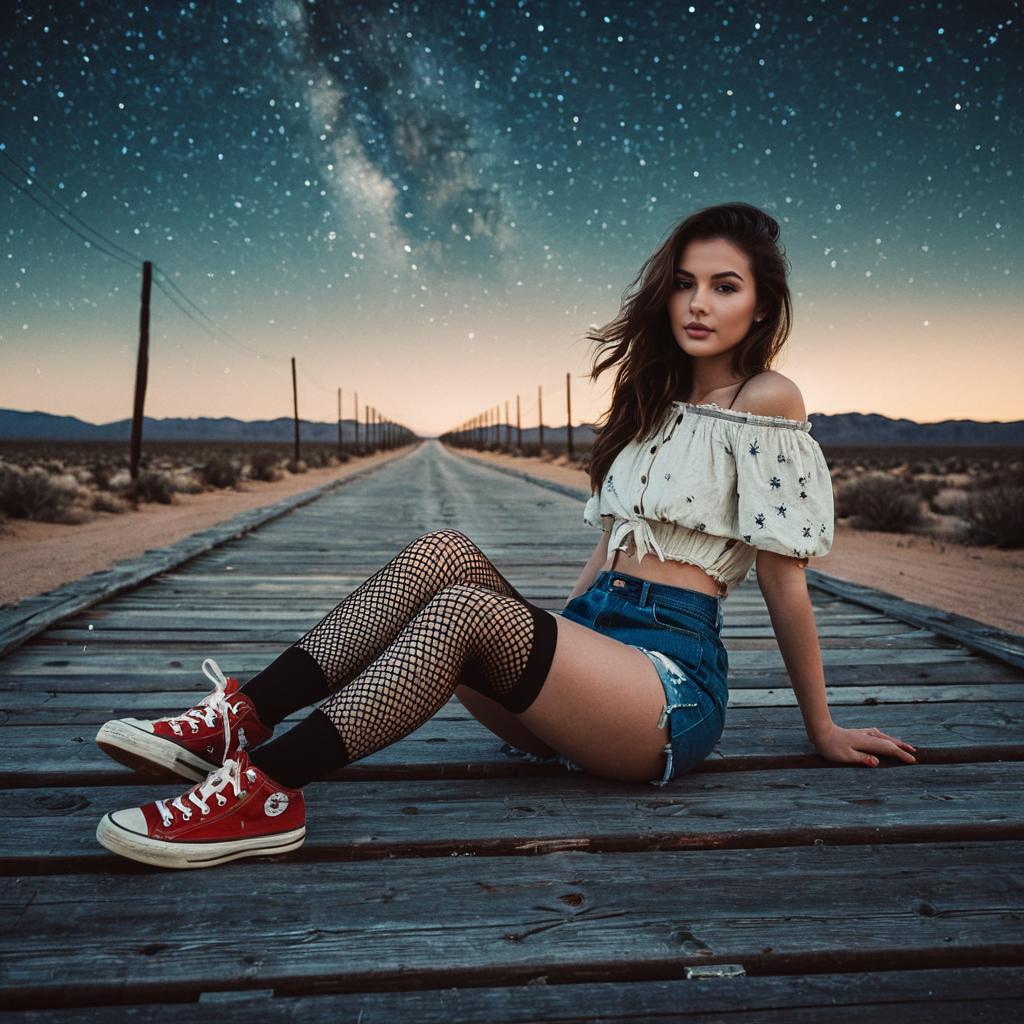 Stylish Woman Sitting on Desert Boardwalk Under Starry Night Sky