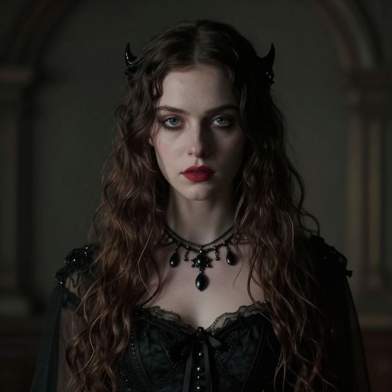 Gothic Woman Portrait in Black Lace Dress with Horns and Dark Jewelry