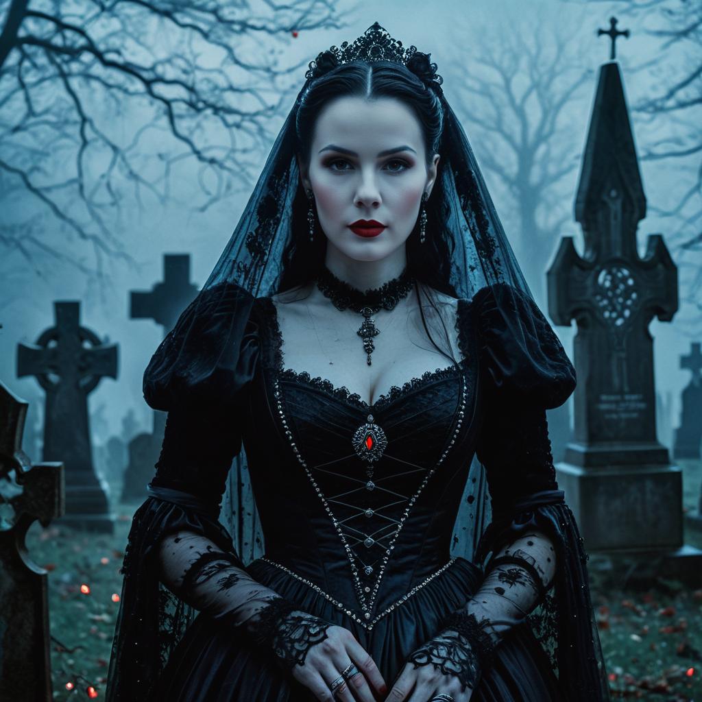 Gothic Victorian Woman in Black Dress in Misty Graveyard