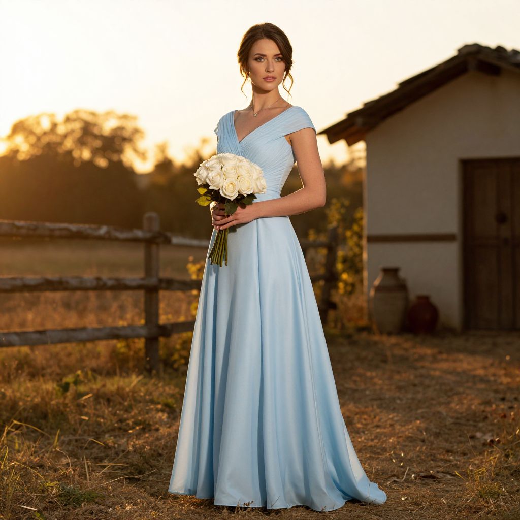 Elegant Woman in Light Blue Gown Holding White Roses Outdoors at Sunset
