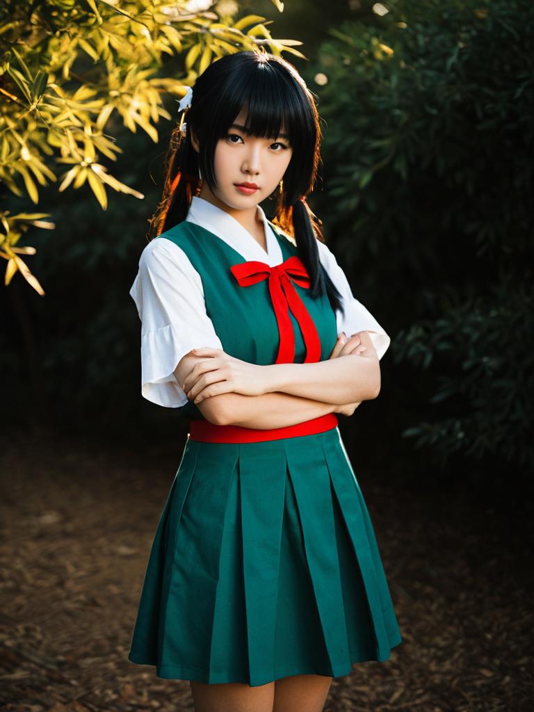 Realistic Kagome Higurashi Cosplay Woman in Green School Uniform