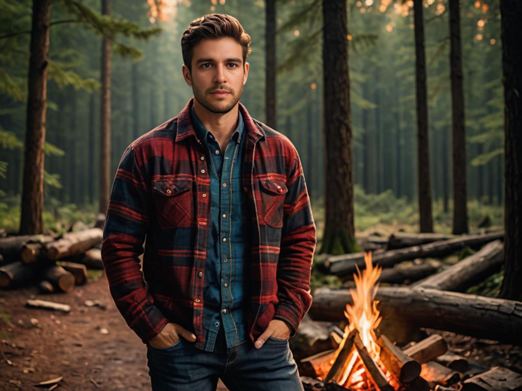 Man by Campfire in Flannel Shirt