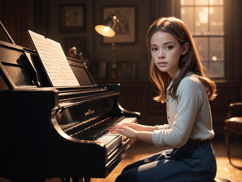 Girl Playing Grand Piano in Warmly Lit Room - Pixar Style