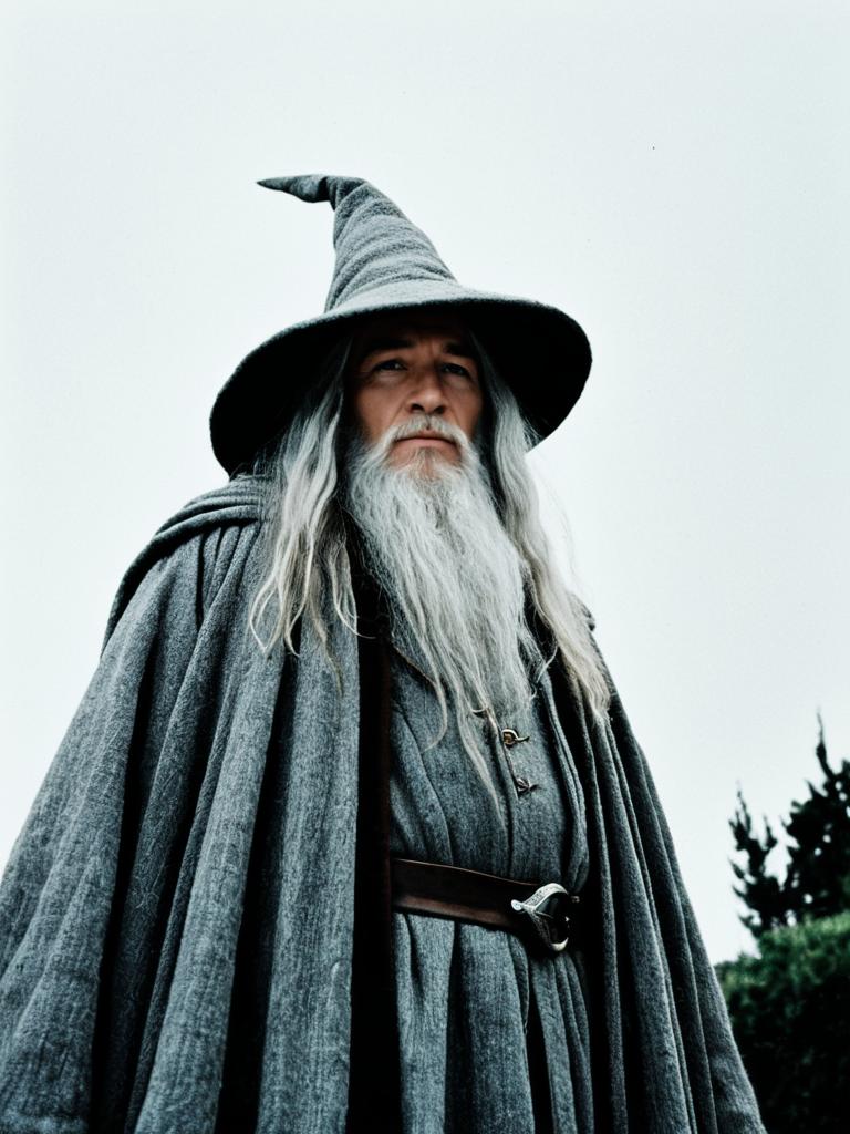 Photorealistic Gandalf Costume Portrait of Man with Long White Beard