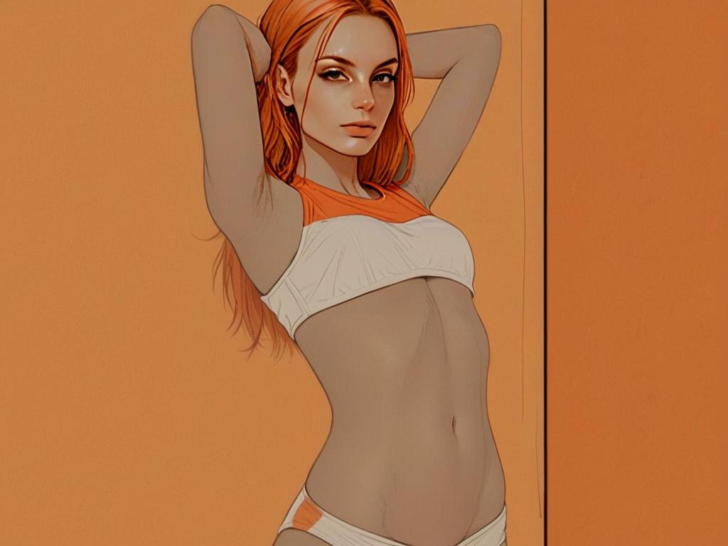 Digital Illustration of Confident Woman in Sporty Crop Top on Orange Background