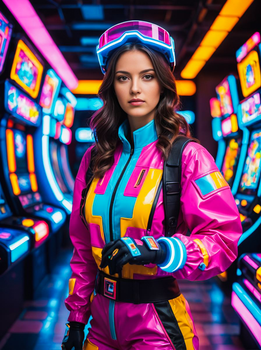 Stylish Woman in Retro Arcade Costume