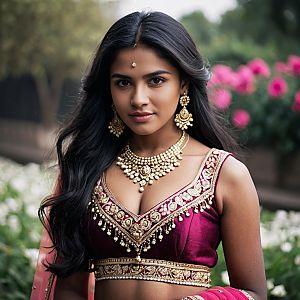 Elegant Woman in Maroon Lehenga with Golden Jewelry