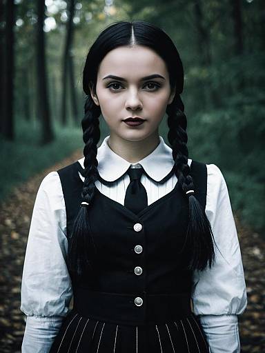 Woman in Photorealistic Wednesday Addams Gothic Cosplay Costume
