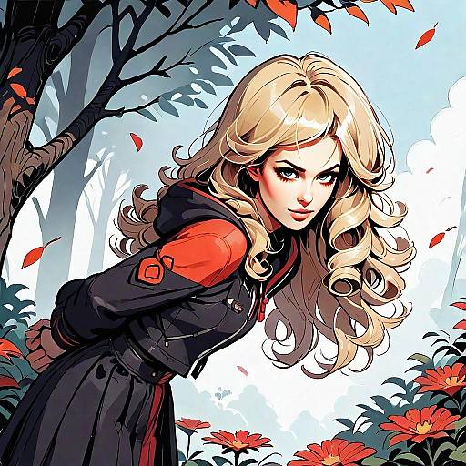 Stylized Digital Art of Blonde Woman in Autumn Forest