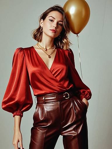 Stylish Woman in Red Satin Blouse and Brown Leather Pants with Gold Balloon