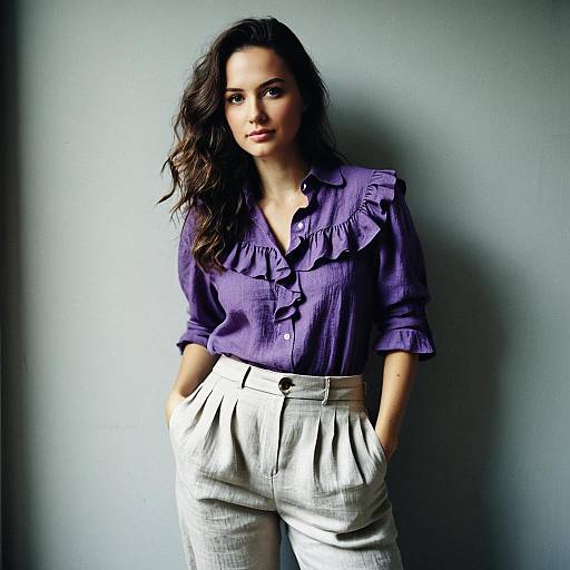 Stylish Woman in Purple Ruffled Blouse and Beige Pants Against Neutral Background